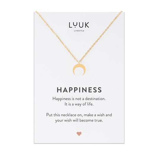 LUUK LIFESTYLE Necklace for women with crescent moon pendant, HAPPINESS gift card, modern and minimalist fashion accessory, 19” length, jewelry for everyday wear, layer look, good luck charm, gold