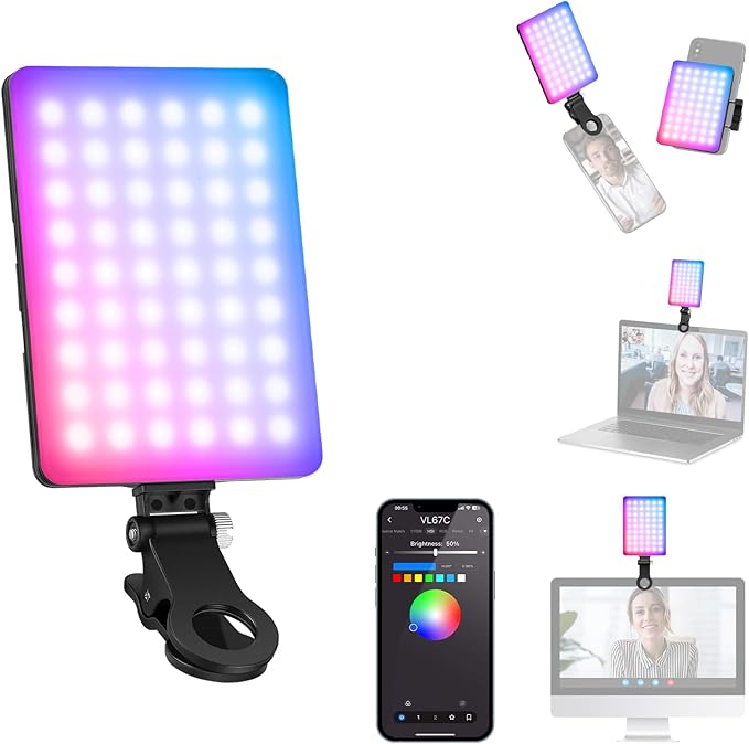 NEEWER VL67C RGB Selfie Light with APP Control, 94 LED CRI97 2000mAh Rechargeable, Cold Shoe Mount as Camera Light, Portable Front & Back Phone Clip for TikTok, Video Conference Light for Laptop
