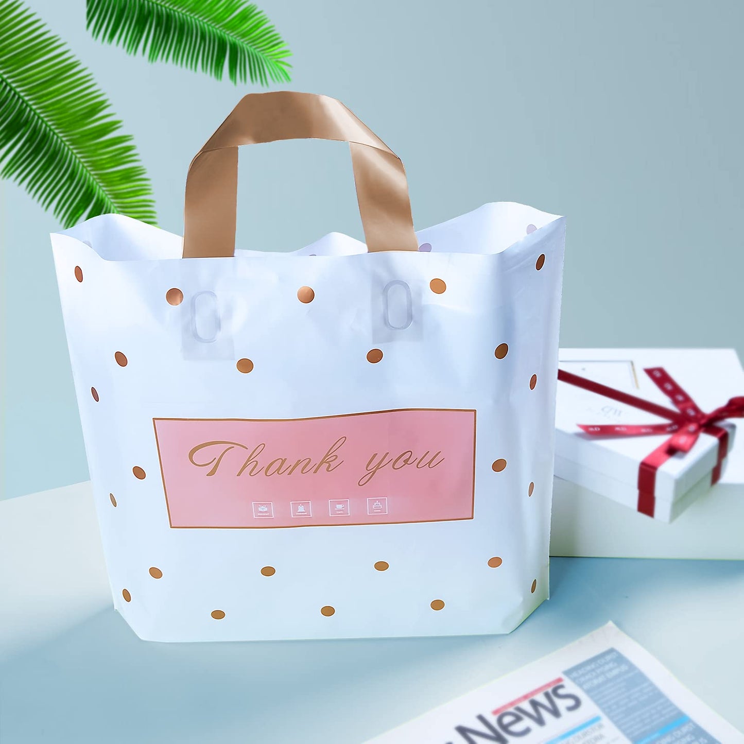 MLAFLY Thank You Bags - 50 Pack Plastic Bags for Small Business, Retail, Parties & Favors (Polka Dot, Medium 12"x14")