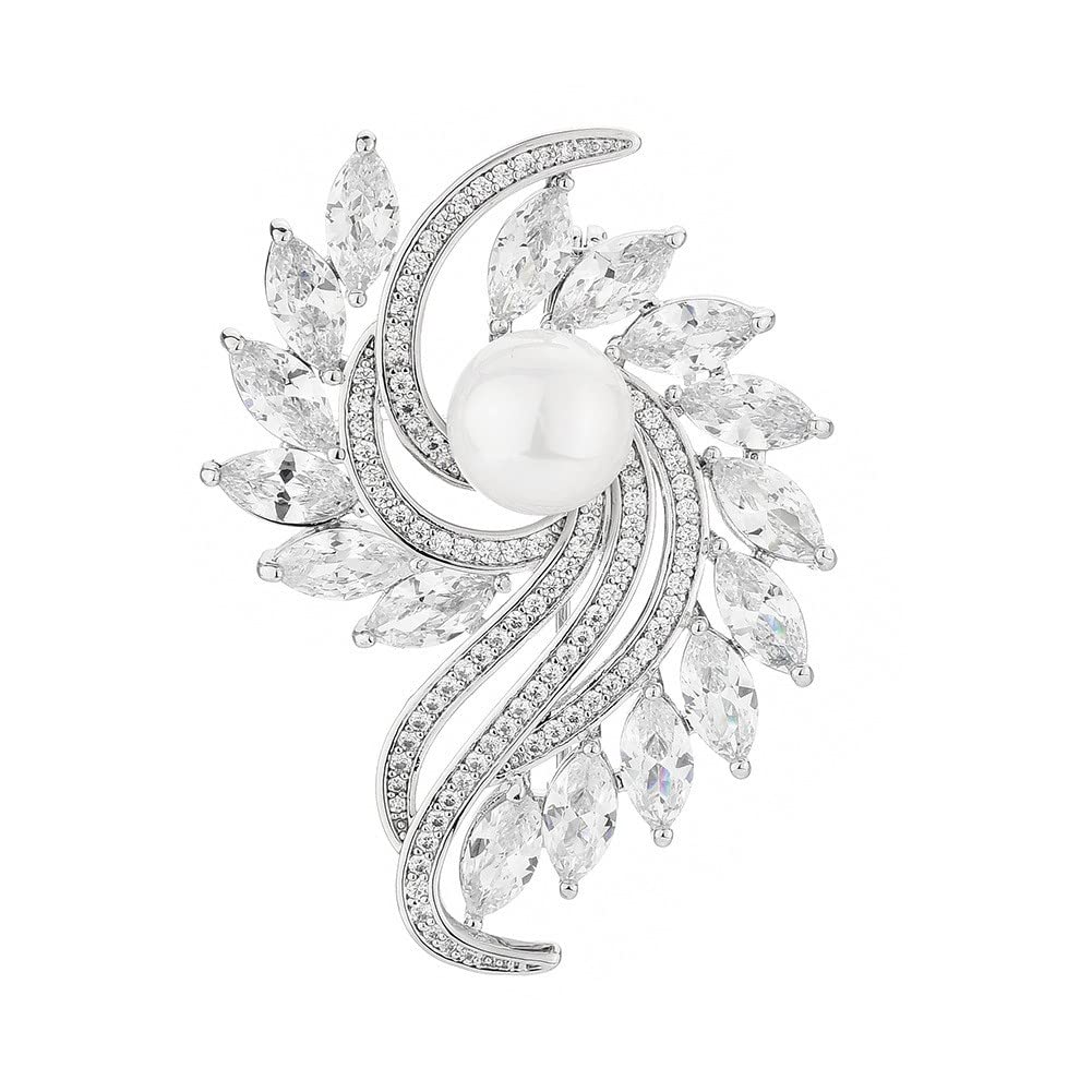 EMEGCY Rhinestone Leaf Brooch for Women White Crystal Brooch Pin Silver Leaf Lapel Pin with Pearl Leaf Jewelry Birthday Gift for Mom Wife Valentine's Day Mother's Day