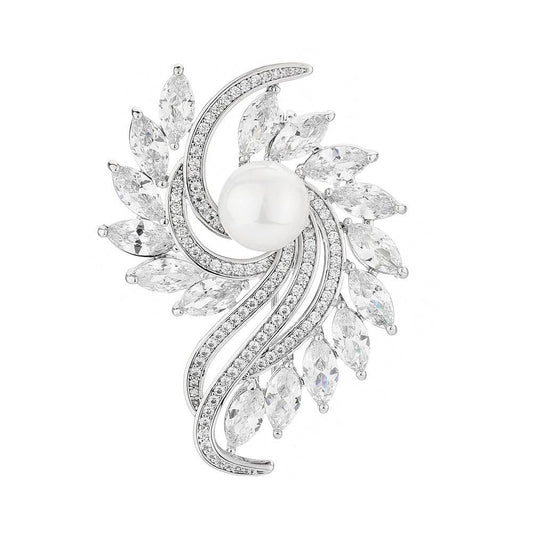 EMEGCY Rhinestone Leaf Brooch for Women White Crystal Brooch Pin Silver Leaf Lapel Pin with Pearl Leaf Jewelry Birthday Gift for Mom Wife Valentine's Day Mother's Day
