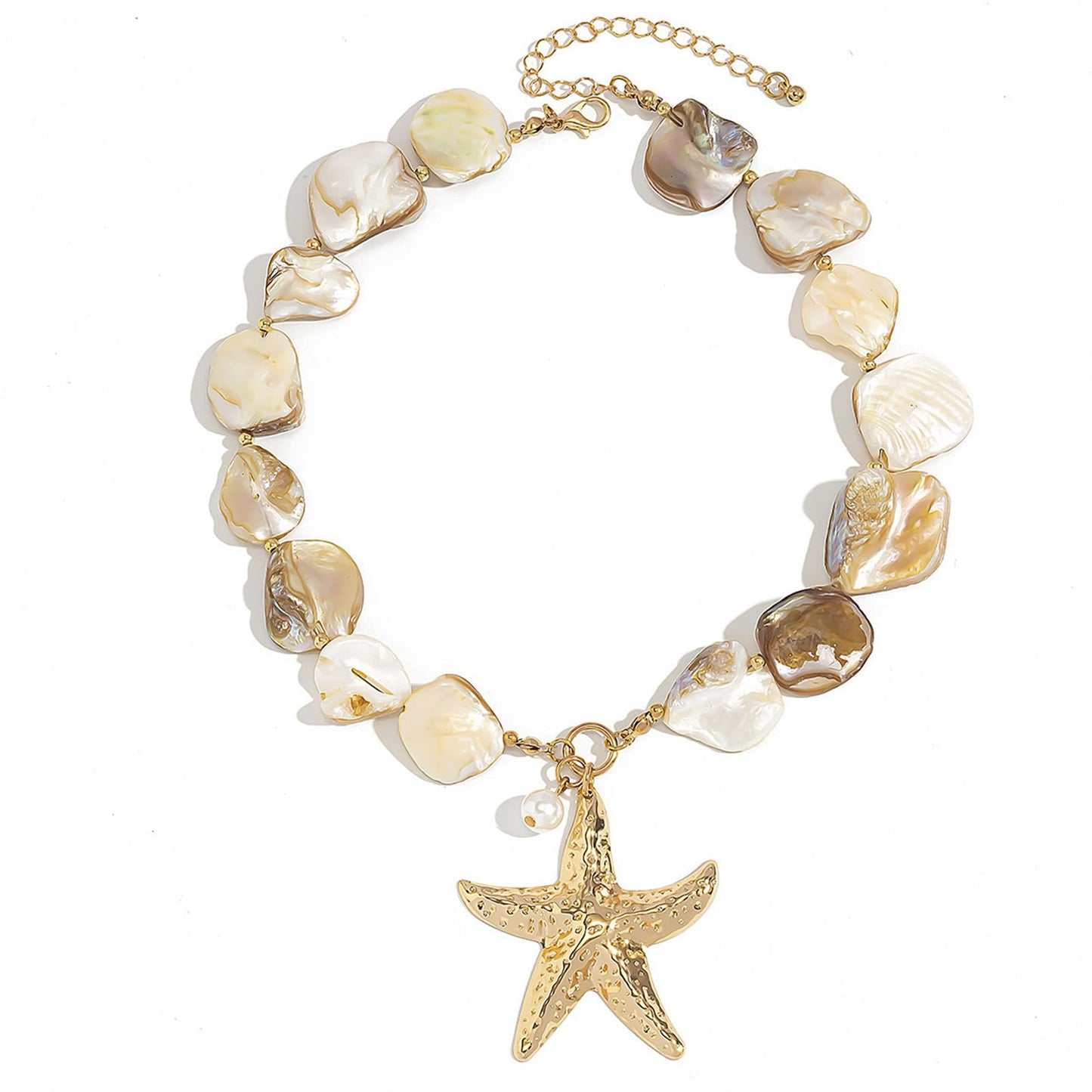 Chunky Shell Starfish Pendant Necklace for Women Colorful Seashell Star Statement Necklace Gold Baroque Freshwater Pearl Necklace Boho Lrregular Choker Memorial Necklace Summer Beach Costume Jewelry Accessories (A)