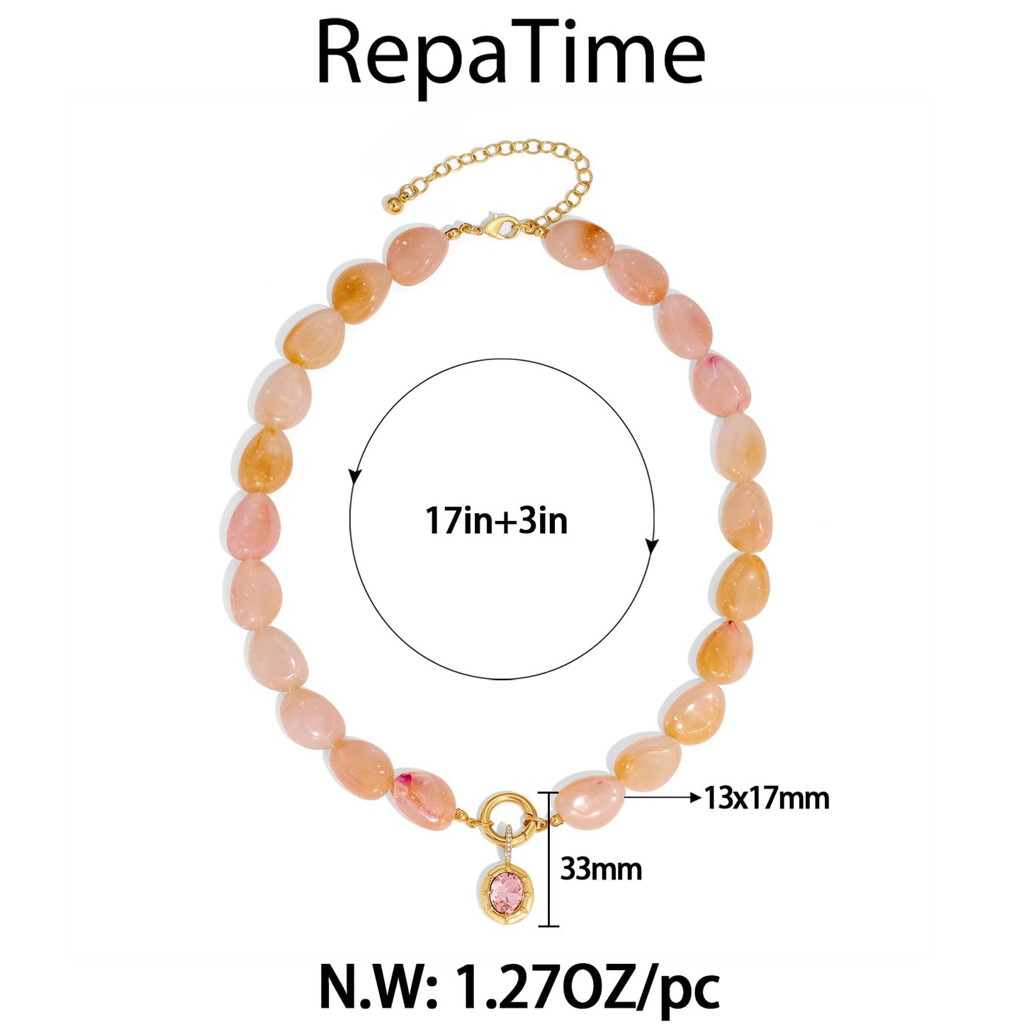 Boho Pink Acrylic Beaded Necklace for Women, 14K Gold Plated Dainty Resin Choker with Pink Cubic Zirconia Pendant, Handmade Statement Summer Jewelry, Adjustable Necklaces for Wedding Party Gift