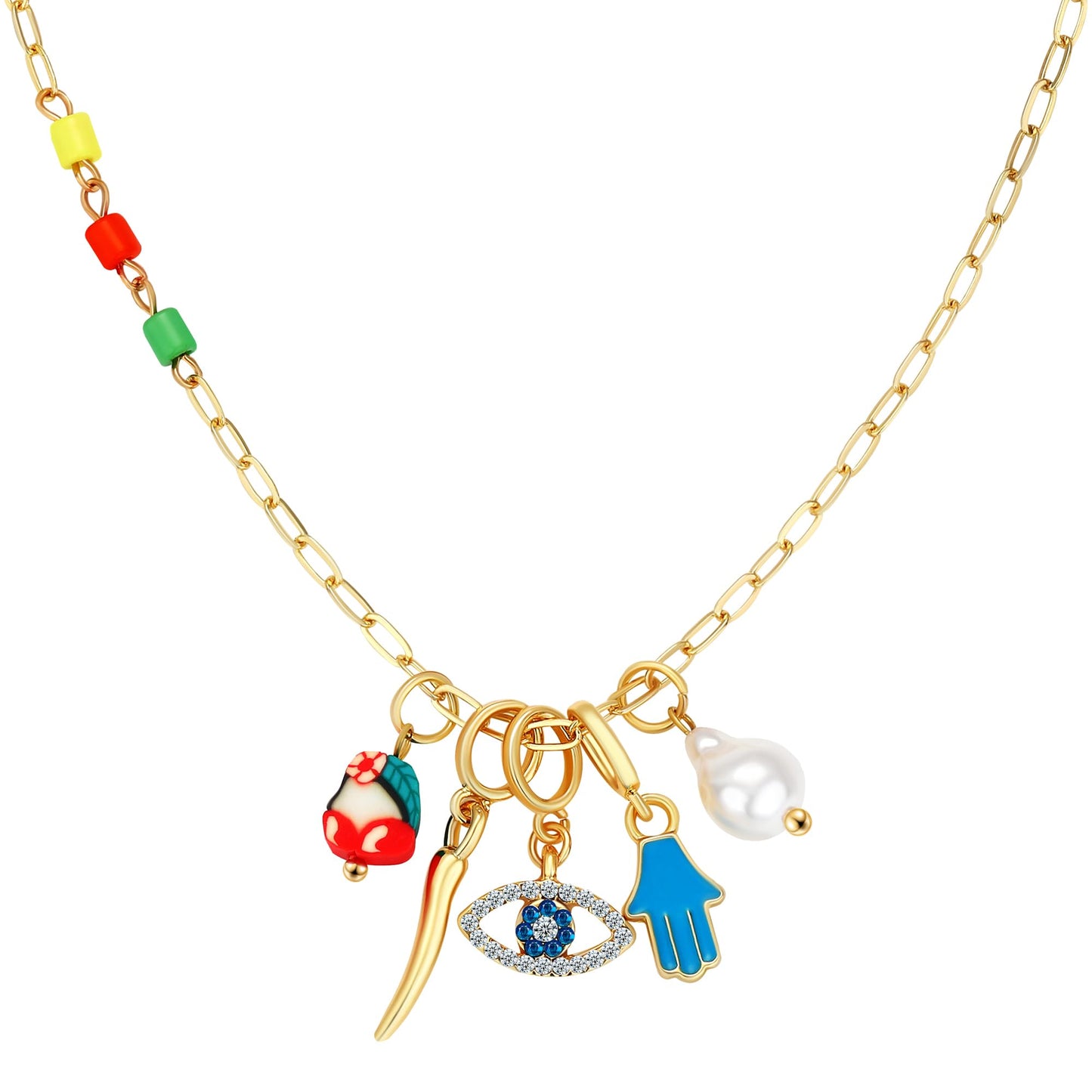 BONJOULRY Charm Necklace for Women Dainty Gold Evil Eye Pendant Protection Necklace Paperclip Chain Italian Horn Hamsa Hand Pearl Charms Necklaces Trendy Jewelry Tiny Eye