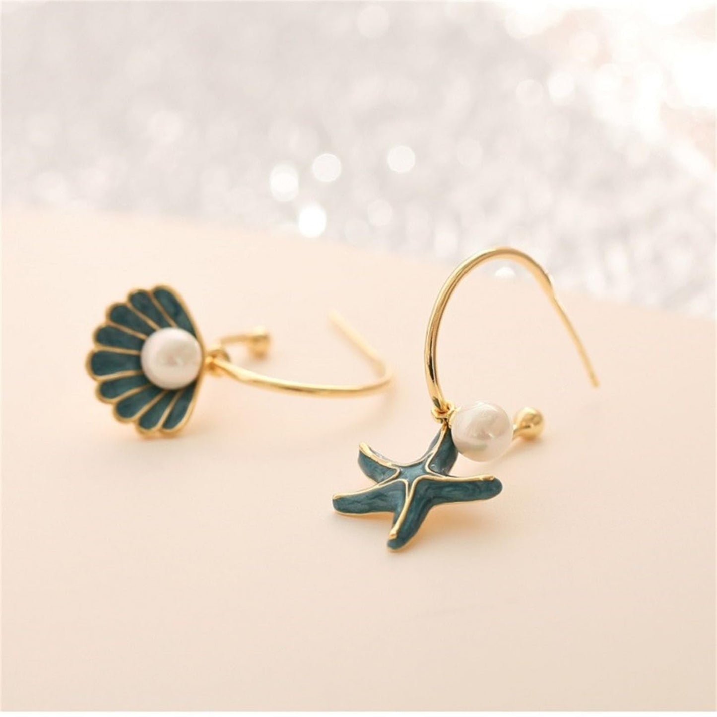 Asymmetric Starfish Seashell Earrings Gold Plated Boho Handmade Charm Cowrie Sea Shell Conch Star Ocean Animals Long Dangle Drop Earrings for Women Hawaii Summer Beach Party Holiday Jewelry Gifts (Blue)
