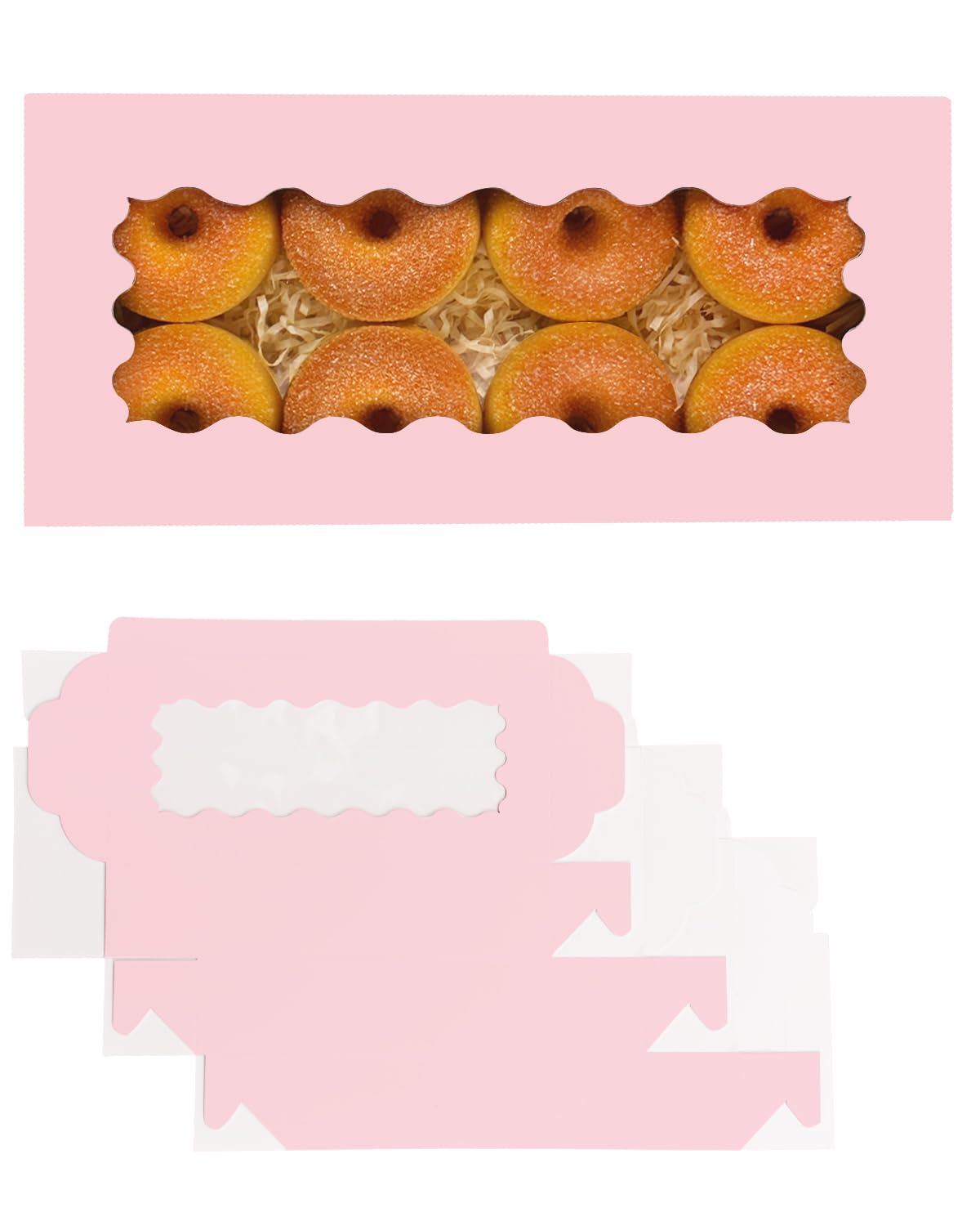qiqee 50 Packs Pink Cookie Box with Window 12x5.5x2.5 Inch Two Uses Pastry Biscuit Bakery Box For Packaging