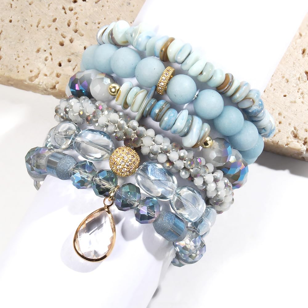 Yomisa Boho Beaded Bracelets/Bangle for Women,Multilayer Wrap 6PCS Healing Natural Jasper Crystal Stone Bead Bracelets Stackable Friendship Stretch Beaded Bracelet Set Trendy Bohemian Jewelry Gift