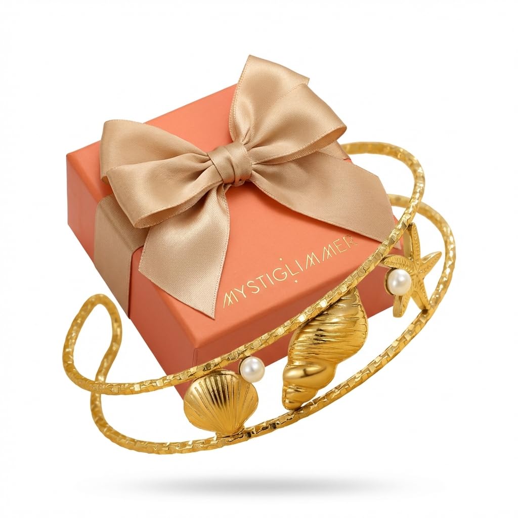 MystiGlimmer Starfish Bracelet with Luxury Gift Box 18K Gold Plated Stainless Steel, Adjustable Open Cuff, Waterproof & Hypoallergenic Jewelry Gift for Women (Seashell-Starfish1)