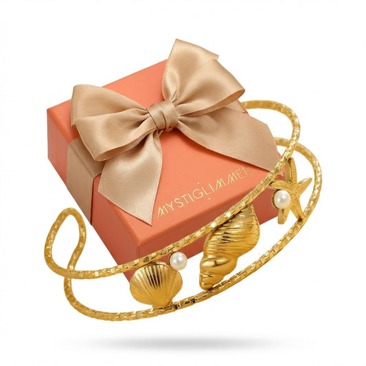 MystiGlimmer Starfish Bracelet with Luxury Gift Box 18K Gold Plated Stainless Steel, Adjustable Open Cuff, Waterproof & Hypoallergenic Jewelry Gift for Women (Seashell-Starfish1)
