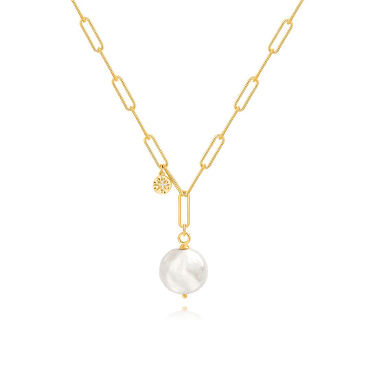 Flat Coin Pearl Pendant Necklace, 18k Gold Plated Paperclip Chain Necklace, Dainty Star Charm Necklace