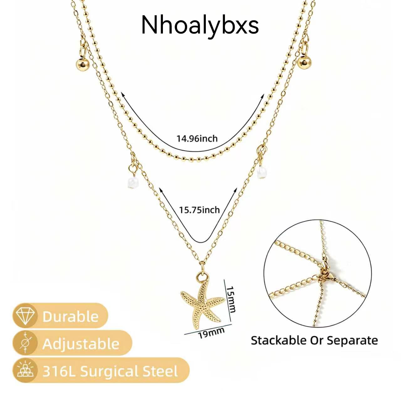 Starfish Shell Necklace for Women,14k Gold Plated Silver Layered SeaShell Pearl Pendant Charm Necklaces Dainty Non Tarnish Adjustable Waterproof Beaded Necklace Stack Jewelry for Summer Beach Vacation (Gold Starfish Necklace)