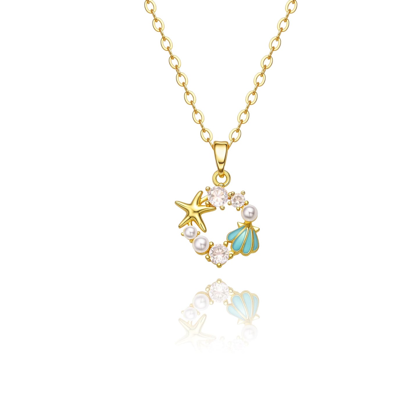 GLUBU Dainty 14K Gold Plated Starfish Shell Pearl Charm Necklace for Women - Sparkling Cubic Zirconia Ocean Jewelry Gift