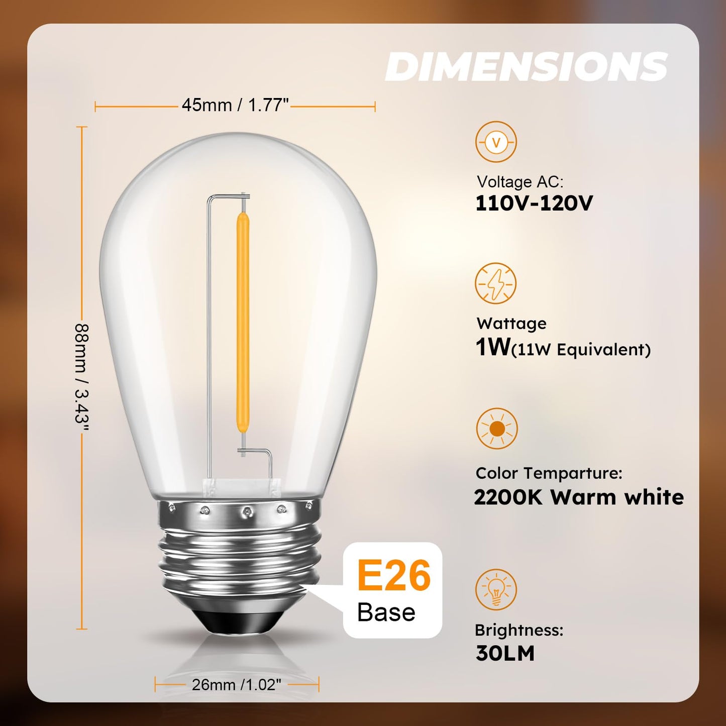 GvvooHome 36 Pack S14 LED Replacement Light Bulbs, Shatterproof Plastic 1W Outdoor String Light Bulbs for Patio, Garden, Waterproof, E26 Regular Medium Screw Base, Warm White