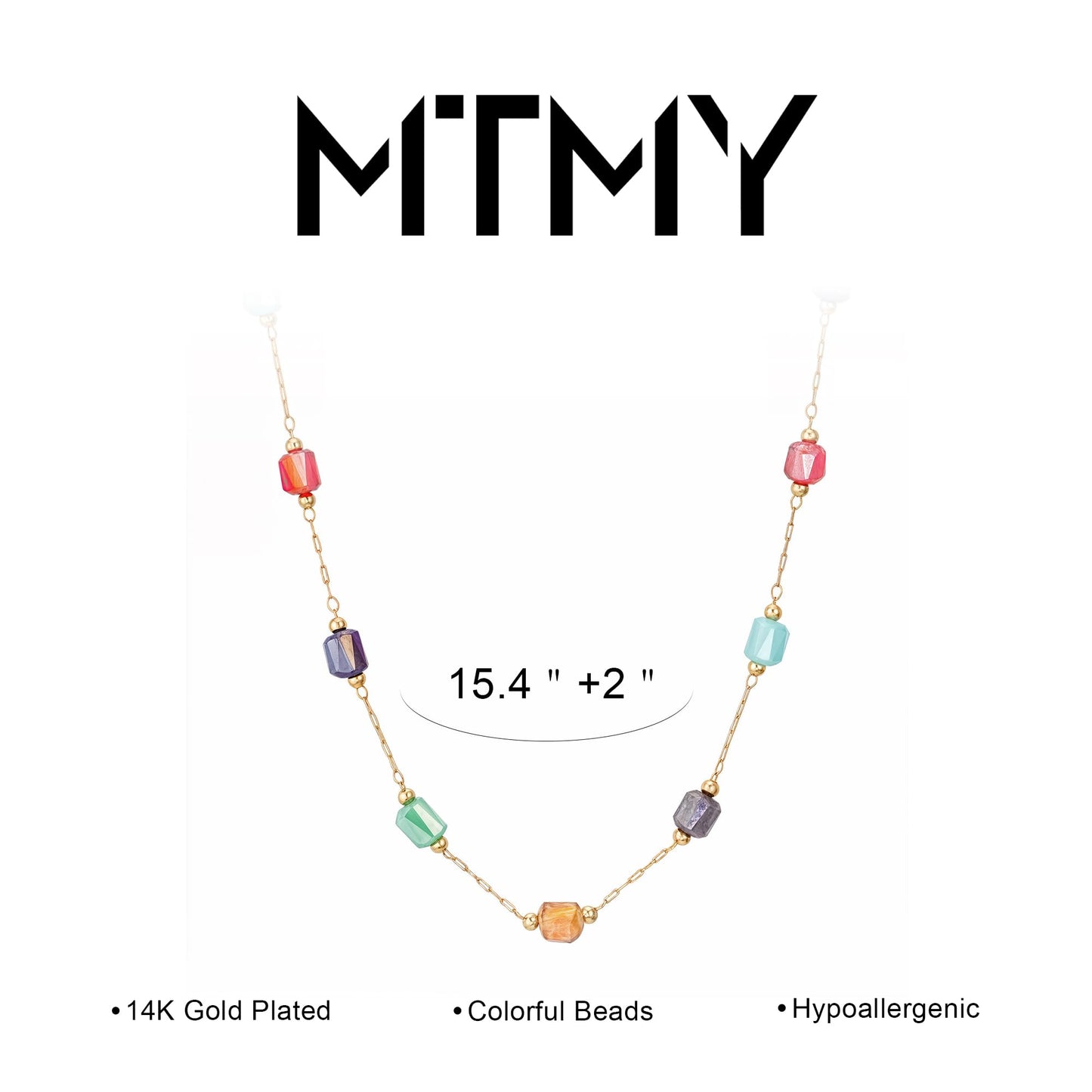 MTMY Beaded Necklaces for Women 14K Gold Plated Dainty Colorful Green/Rose Beaded Pearl Choker Necklace Delicate Boho Choker Necklace Jewelry Gift (mixed color cube)