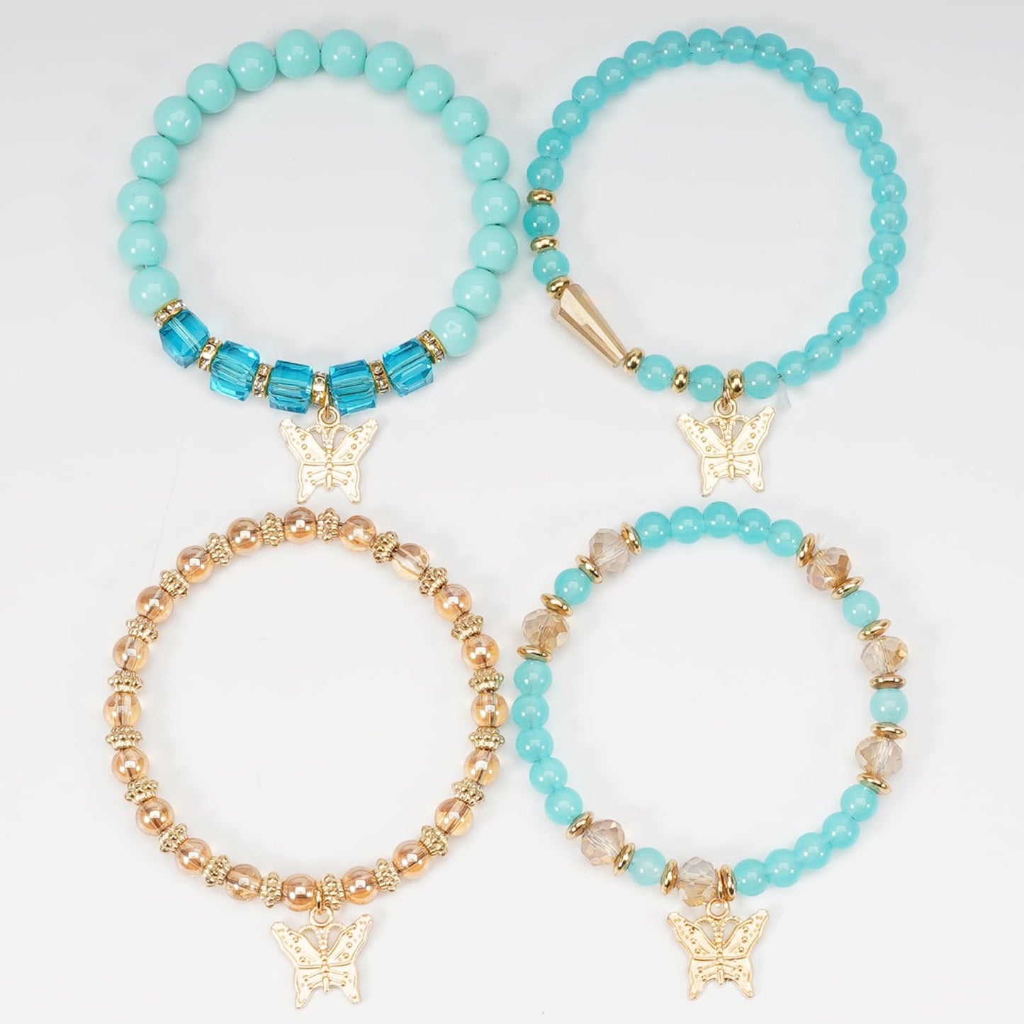 Briutn Bohemian Stackable Beaded Bracelets for Women 4 Layer Blue Gold Butterfly Charm Stretch Bracelet Boho Jewelry Gift