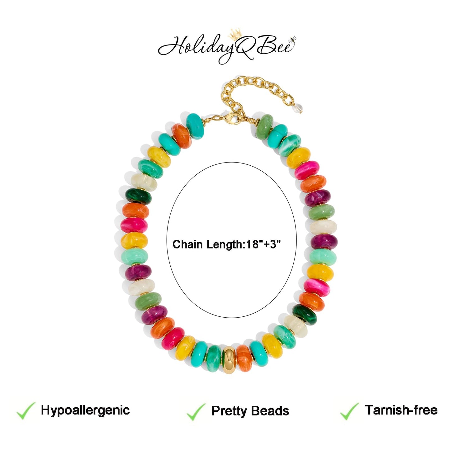 HolidayQbee Beaded Necklace for Women Chunky Colorful Beaded Choker Necklace Boho Oval Rainbow Bead Statement Necklaces Fashion Trendy Summer Beach Jewelry Gifts
