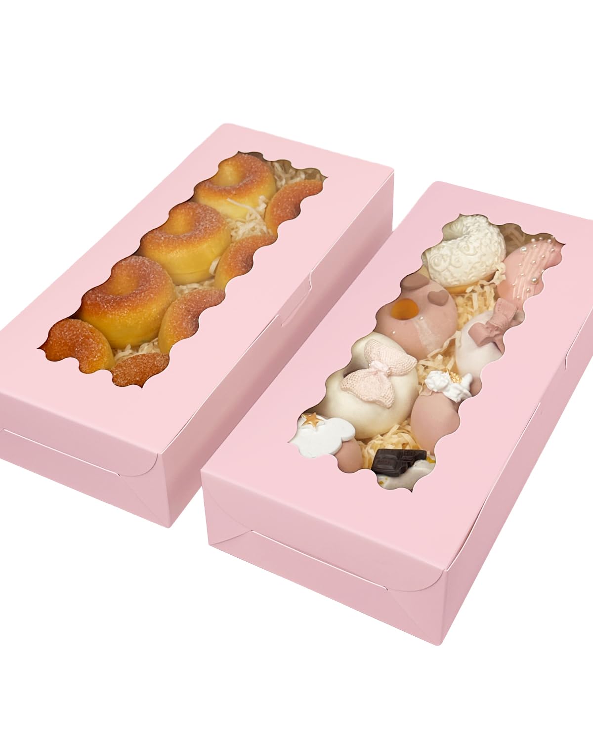 qiqee 50 Packs Pink Cookie Box with Window 12x5.5x2.5 Inch Two Uses Pastry Biscuit Bakery Box For Packaging