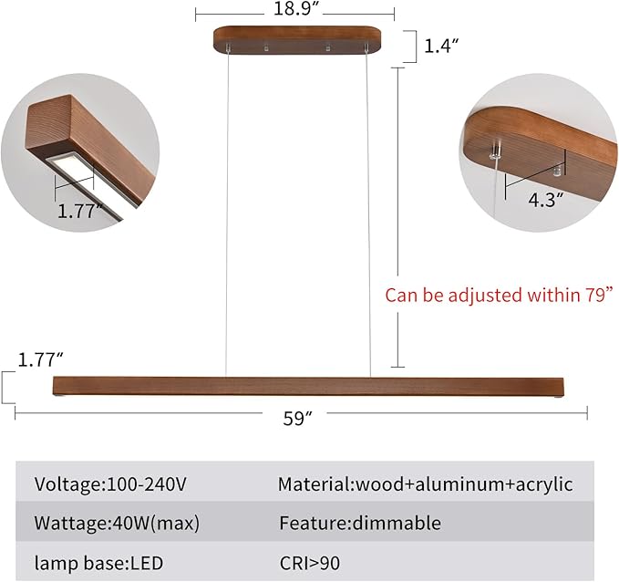 59" Wood Linear Pendant Light Fixtures Modern Led 40w Dimmable Pendant Lighting Kitchen Island Lighting Ceiling Hanging Farmhouse Chandeliers for Dining Room Pool Table Walnut Color