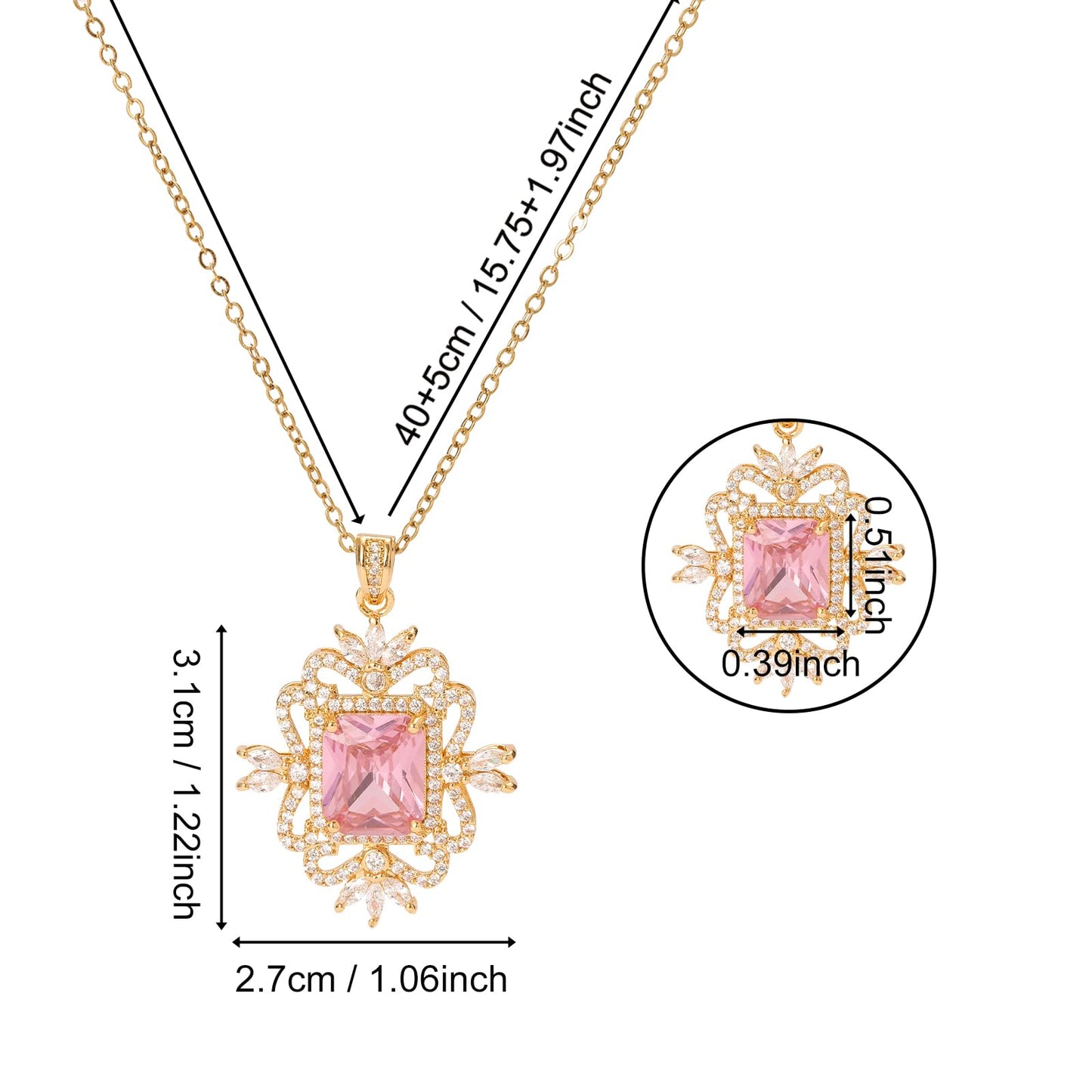 Pink Square October Birthstone Rose Quartz Necklace for Women-Gold Plated Rose Quartz Jewelry Waterproof Non Tarnish Baroque Maximalist Jewelry For Birthday Valentines Day Mother's Day Christmas Thanksgiving Gifts