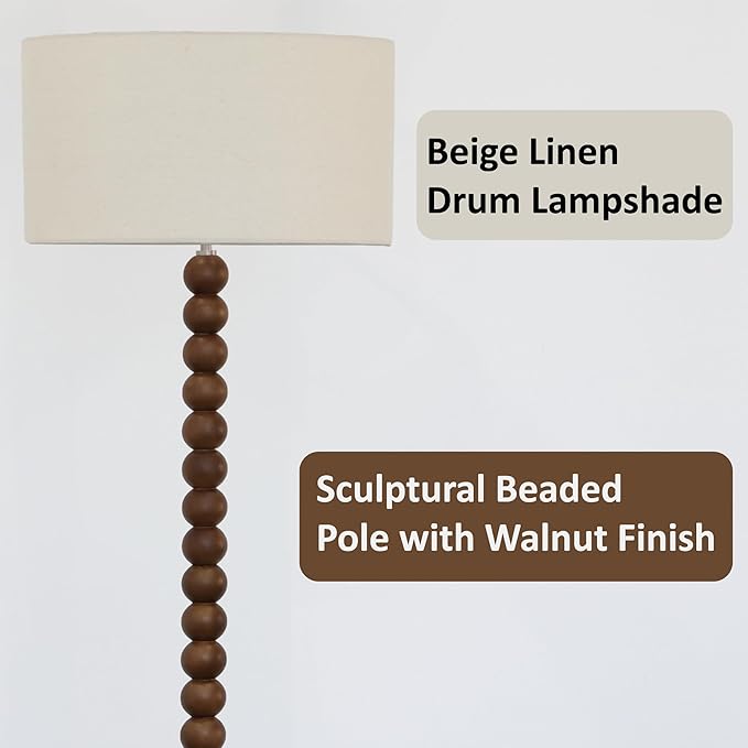 Buruis 61" Beaded Wood Floor Lamp with 17.2" Large Linen Shade, UL Listed, Retro Mid-Century Accent Walnut Finish Standing Lamp for Living Room, Bedroom, Office, Corner, Beige