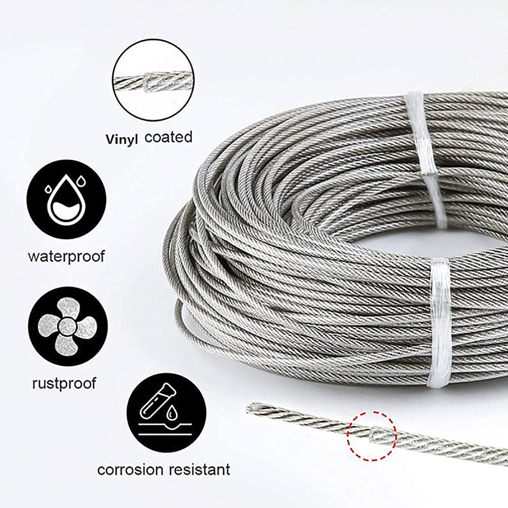 Roxanned 1/16" Wire Rope Kit, 165ft 304 Stainless Steel Cable 7x7 Strand Core, Vinyl Coated Aircraft Cable with Turnbuckle | Easy Install for Outdoor String Lights Hanging, Garden, Craft & Support