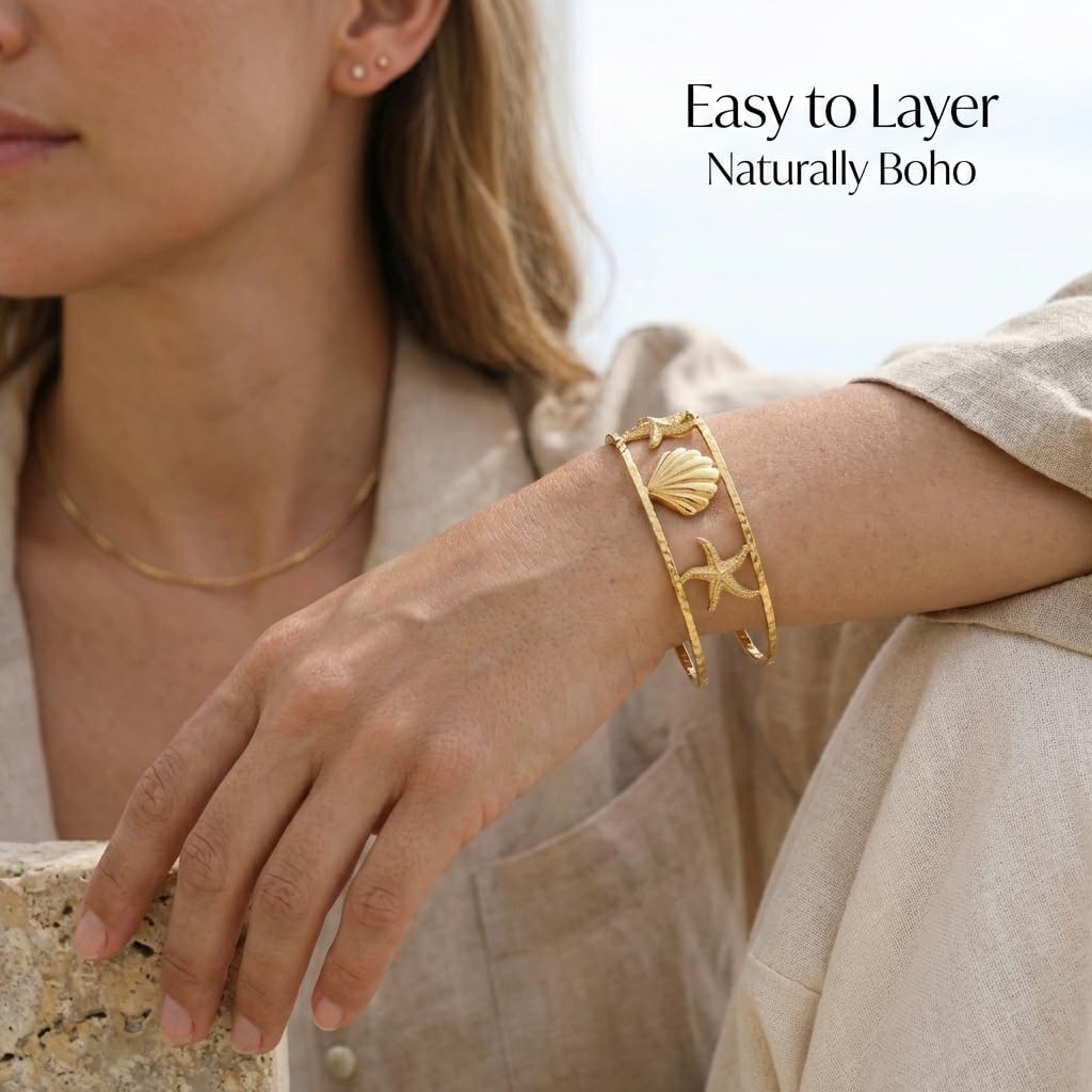 MystiGlimmer Starfish Open Cuff Bracelet for Women 18K Gold Plated Stainless Steel, Adjustable Ocean-Inspired Arm Cuff, Waterproof, Hypoallergenic Beach Jewelry Gift (Starfish-Seashell 3)