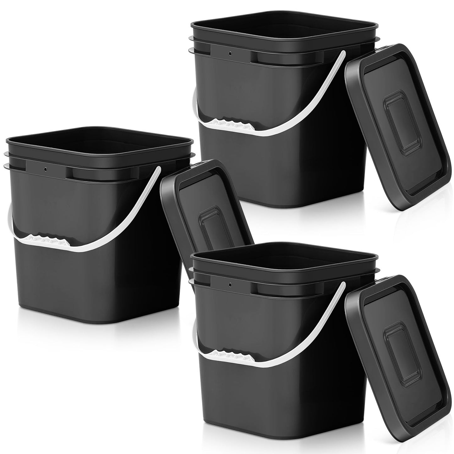 Mumufy 3 Pcs 3.5 Gallon Square Food Grade Bucket with Lid Square Bucket Pail Plastic Handles for Long Term Food Storage, Camping, Fishing, Home Organization Easy Stack and Store (Black)
