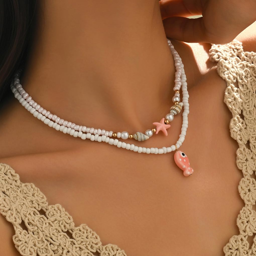 Starfish Conch Layered Necklaces for Women Charm Pearl Beaded Choker Necklace Boho Starfish Fish Pendant Necklaces Trendy Beach Jewlery Accessories (White3)