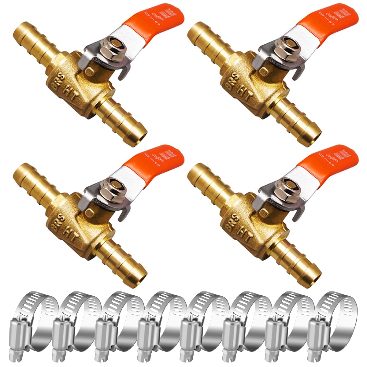 Horiznext 3/8 inch mini 2 way brass barb air ball valve for water gas fuel shut cut off 10mm pex tubing, (4 pcs in pack)