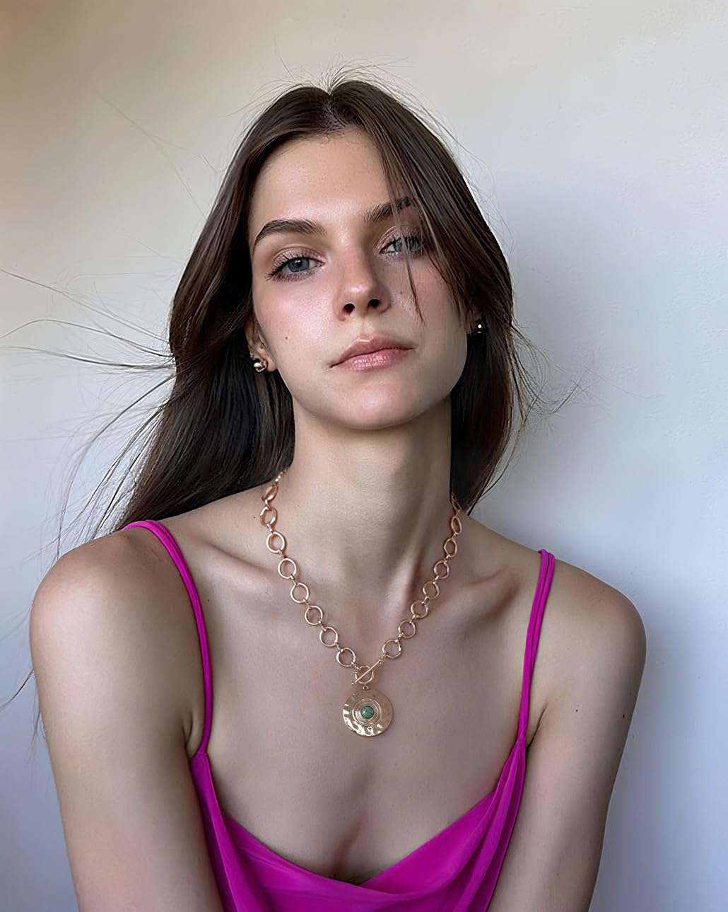 PEARLADA Chunky Gold Plated Large Pendant Necklace, Statement Coin Necklace with Toggle Clasp