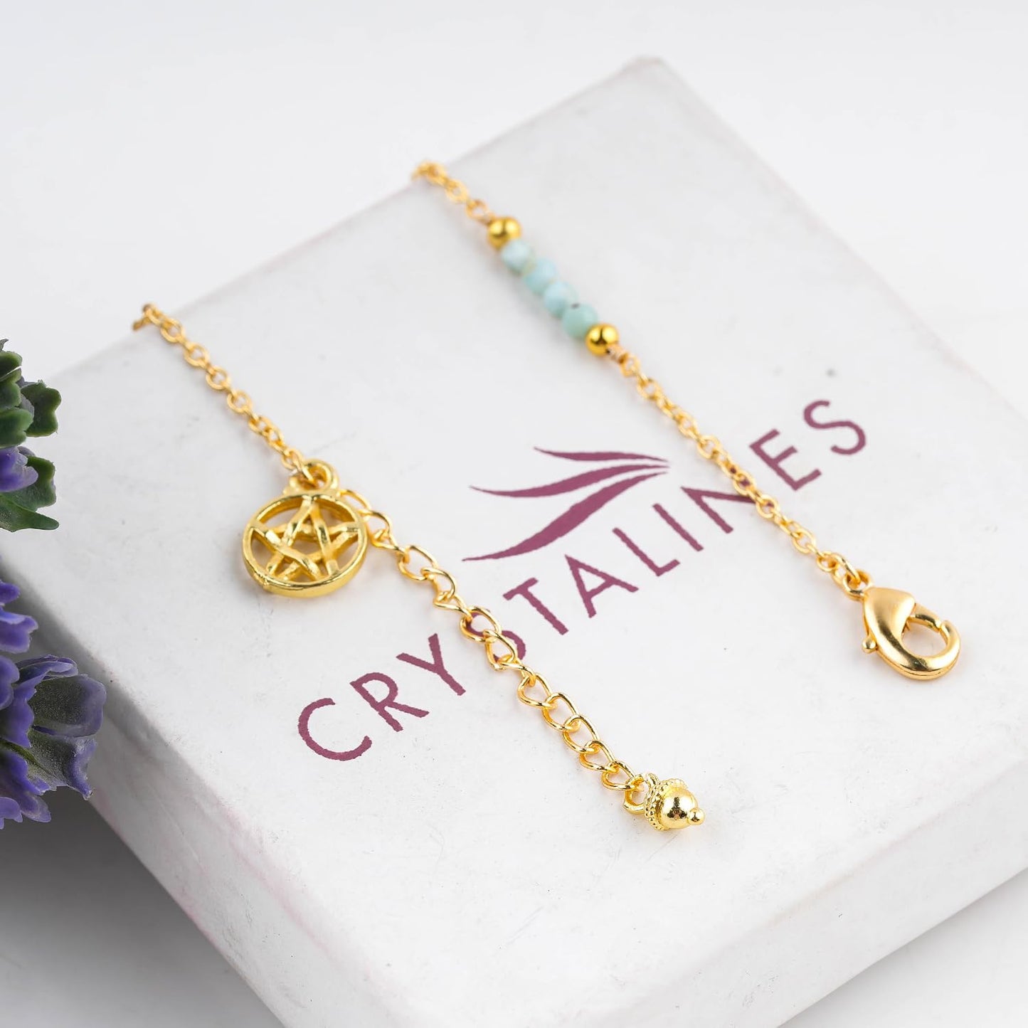 CRYSTALINES Natural Sky Blue Larimar Gemstone Beads, Handmade Station Dangle Star Charms Anklet, 14K Gold Plated, Adjustable Fashion Boho Jewelry for Women, Healing Crystals, Christmas Gift