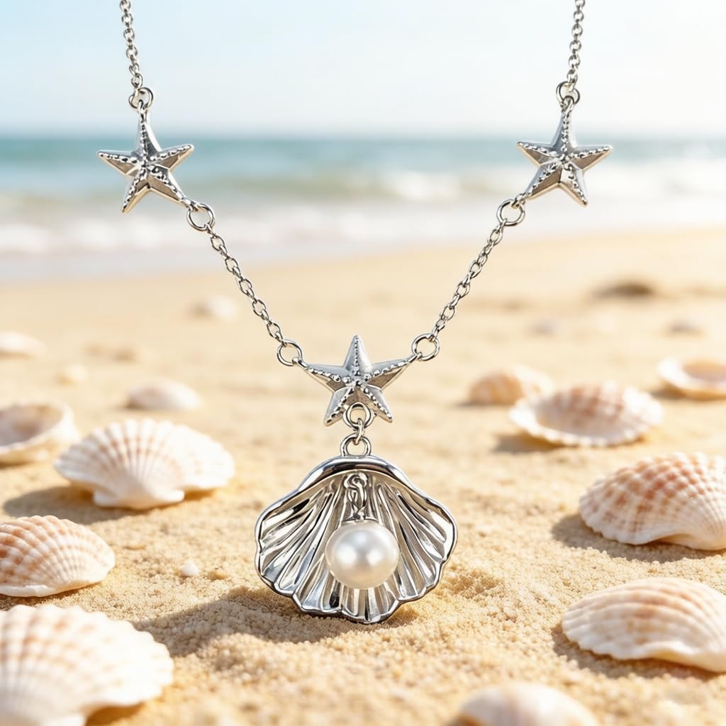 Shell Necklace for women, 925 Sterling Silver Pearl Necklace for Summer Beach Vacation, Shell Starfish Pendant for Birthday Anniversary Valentine's Day Ideal Gift (Pearl)