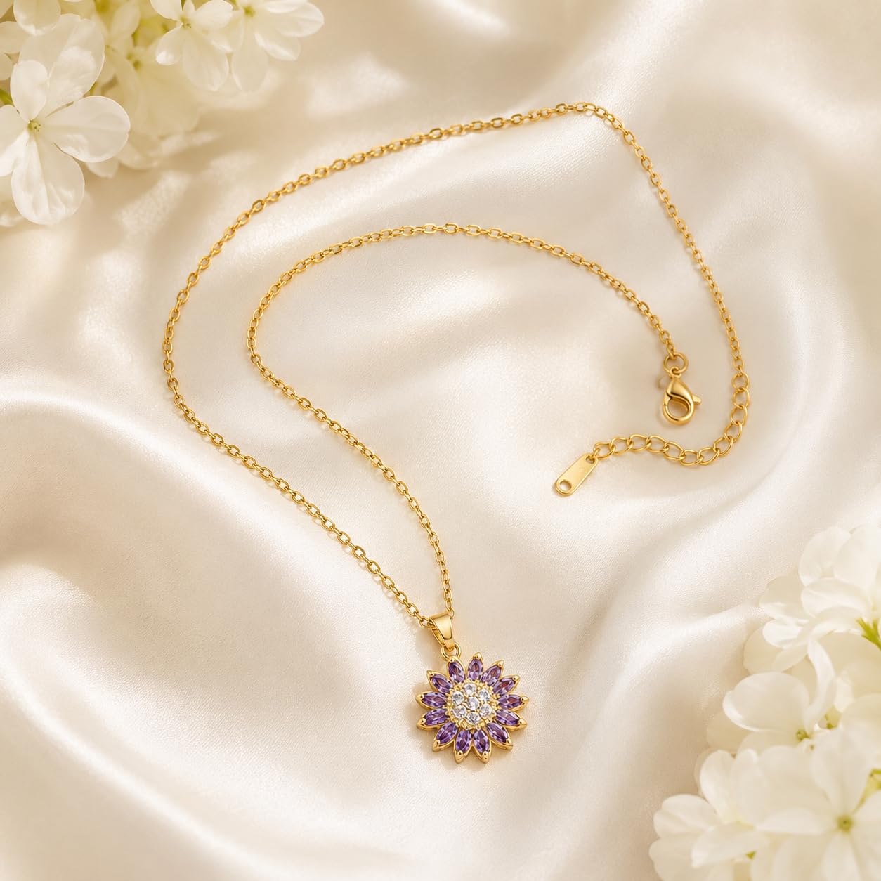KONPJE Sunflower Fidget Necklace for Women Gold Moon Necklace Rotating Heart Necklaces Spinning Crystal Flower Anxiety Necklaces Crescent Moons Jewelry Accessories (Gold Purple)