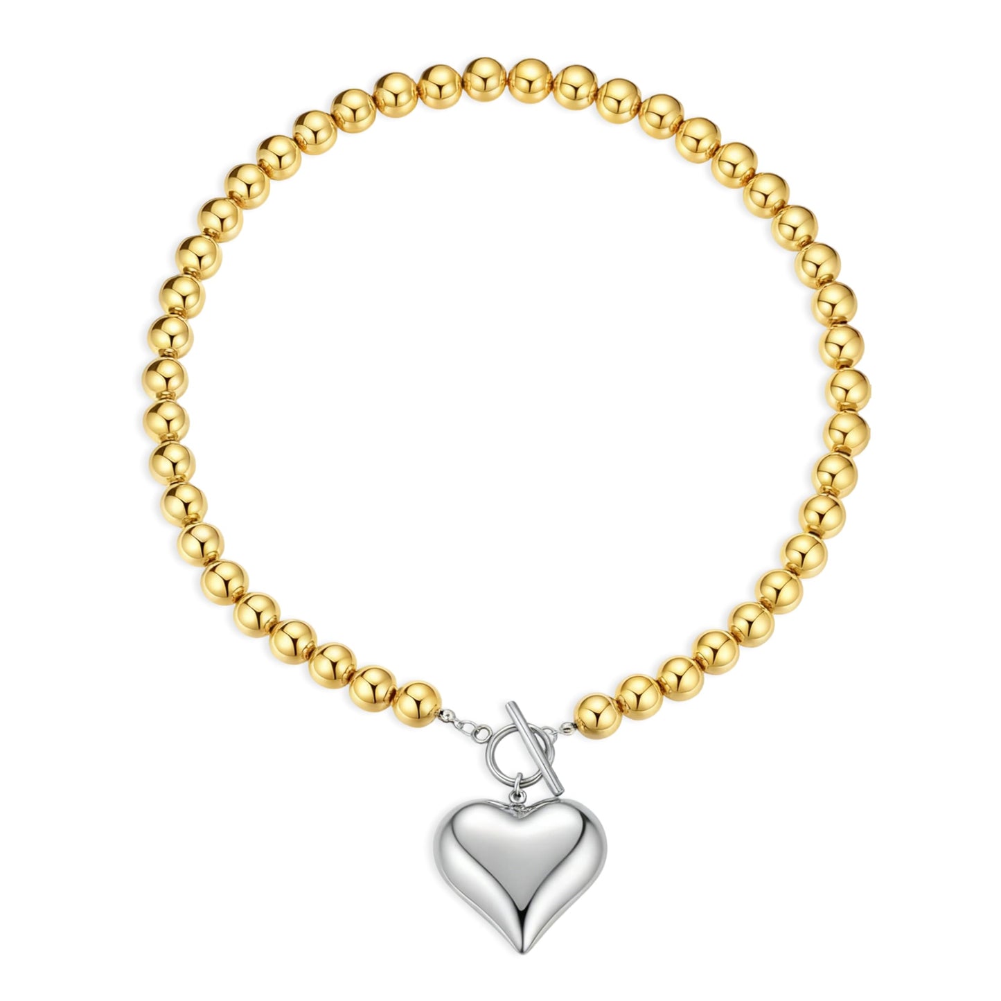 Frigotine Silver Heart Pendant Necklace for Women, Chunky Statement Two-Tone Love Choker Toggle Necklaces Prom Valentines Fashion Holiday Jewelry Gift