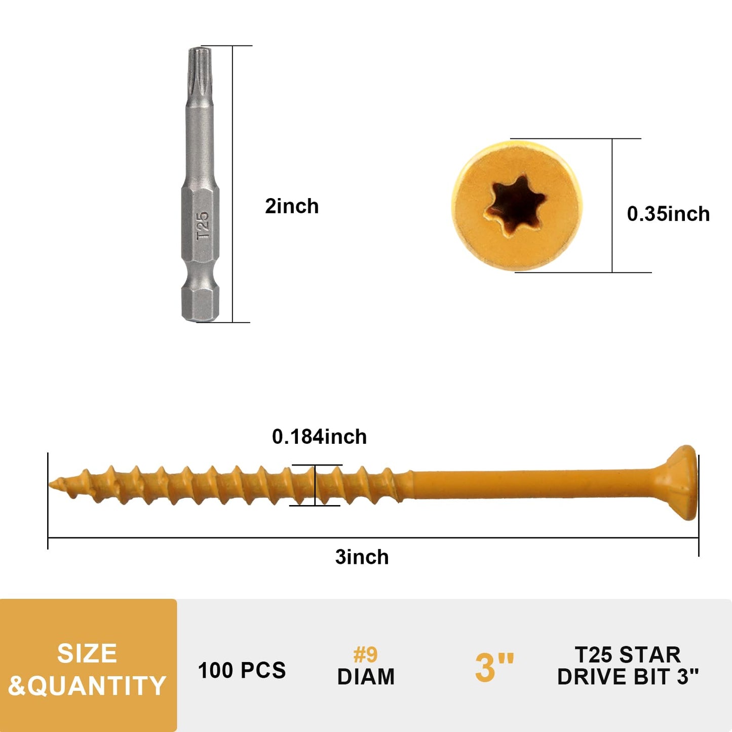Fmjdnls Deck Screws 3 Inch, Wood Screws #9×3, 200 Pcs, Tan Rust Resistant Epoxy Coated, Outdoor Decking Screws, Torx/Star Drive Head Deck Screw, T25 Star Bit Included, for Timber, Fence