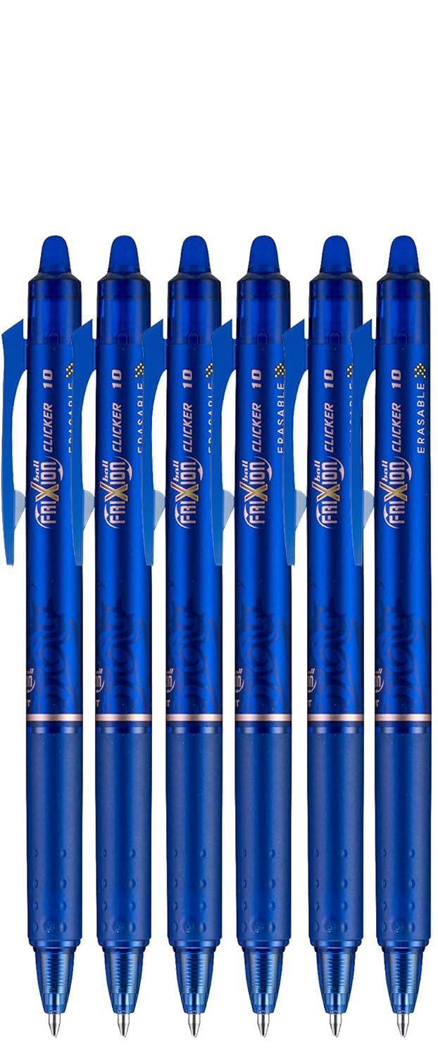 Advantage Gifts FriXion Clicker Retractable Erasable Gel Pen, Blue, Bold Point, 6-pk; Bundle with Plastic Reusable Pouch