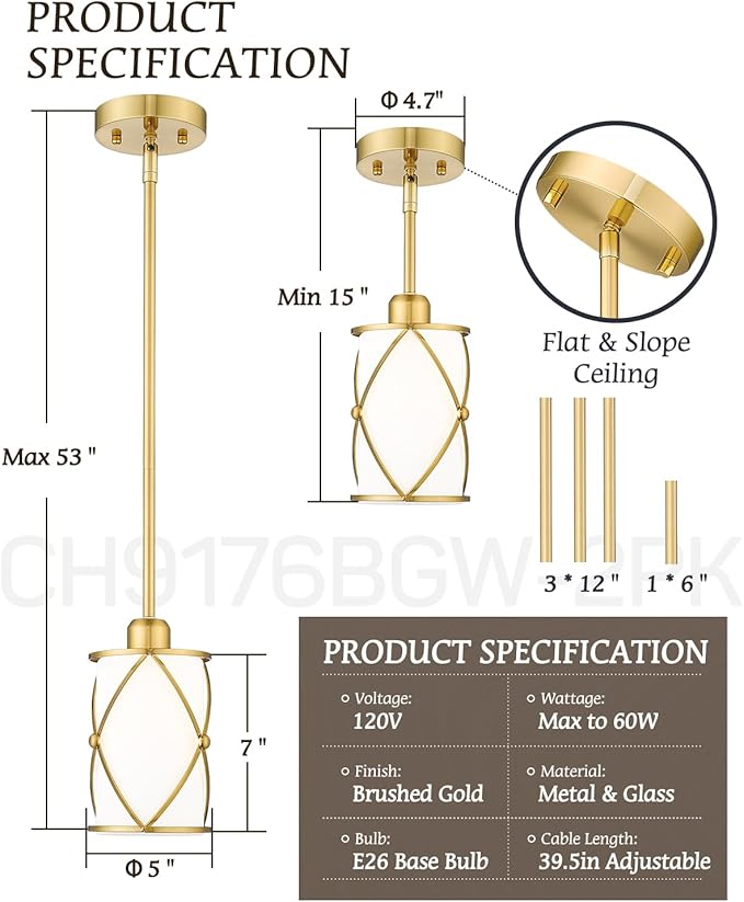 Brushed Gold Pendant Lights Kitchen Island, Modern 2 Pack Pendant Light with Frosted Glass, Farmhouse Mid Century Pendant Lighting for Dining Room, CH9176BGW-2PK