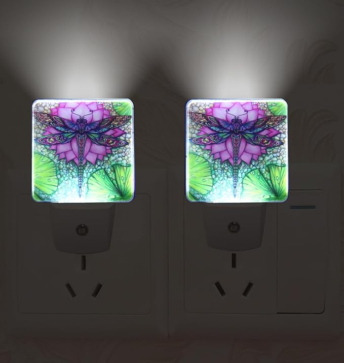 Dragonfly And lotus flower Plug-in LED Night Light,Smart Auto Dusk to Dawn Sensor Nightlights Plug into Wall,White Energy Efficient Night light for Kids Bedroom,Bathroom,Kitchen,Stairs,Hallway