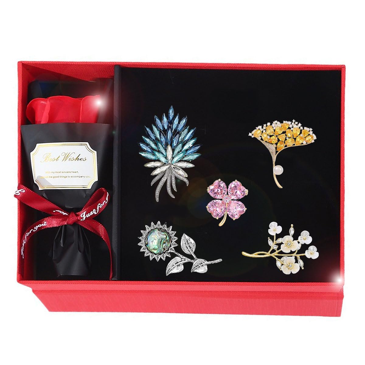 Flower Brooch Set Gift Box for Women Rhinestone Zircon Flower Pin Birthday Holiday Gift for Wife Girlfriend Mother