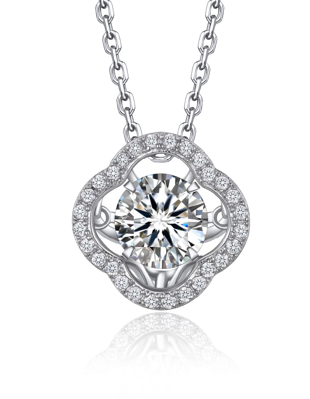 MomentWish Clover Necklace,Sparkling Gift for Her,1Carat Dancing Moissanite Necklace for Women, 925 Sterling Silver Foating Diamond Pendant for Birthday Anniversary