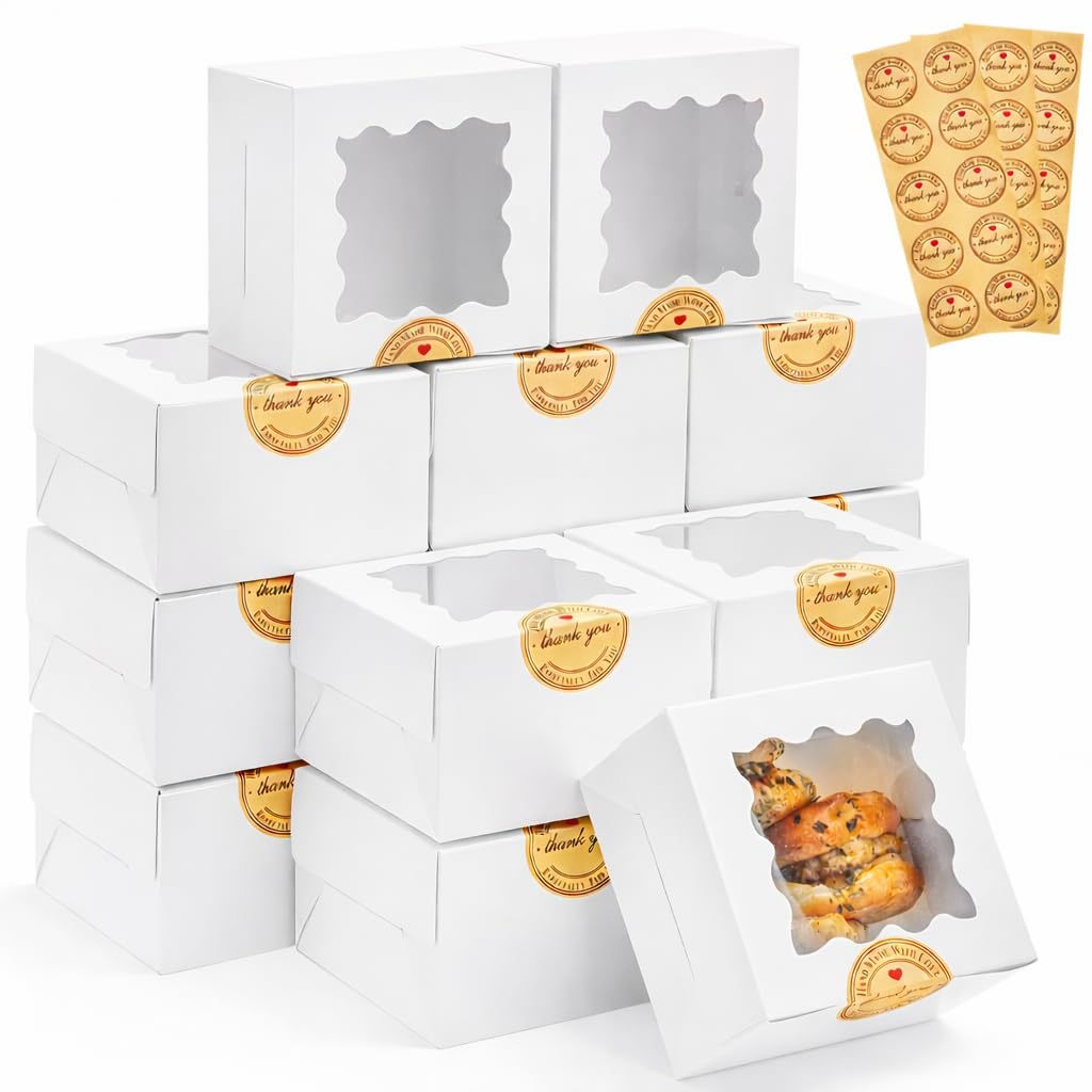 Homrelaxy 200pcs White Cookie Boxes with Window, 4x4x2.5 Inches Small Bakery Boxes with Stickers, for Mini Cake, Macaroon, Cupcakes, Treat Dessert, Candy, Donuts, Cookies, Strawberries, Chocolate