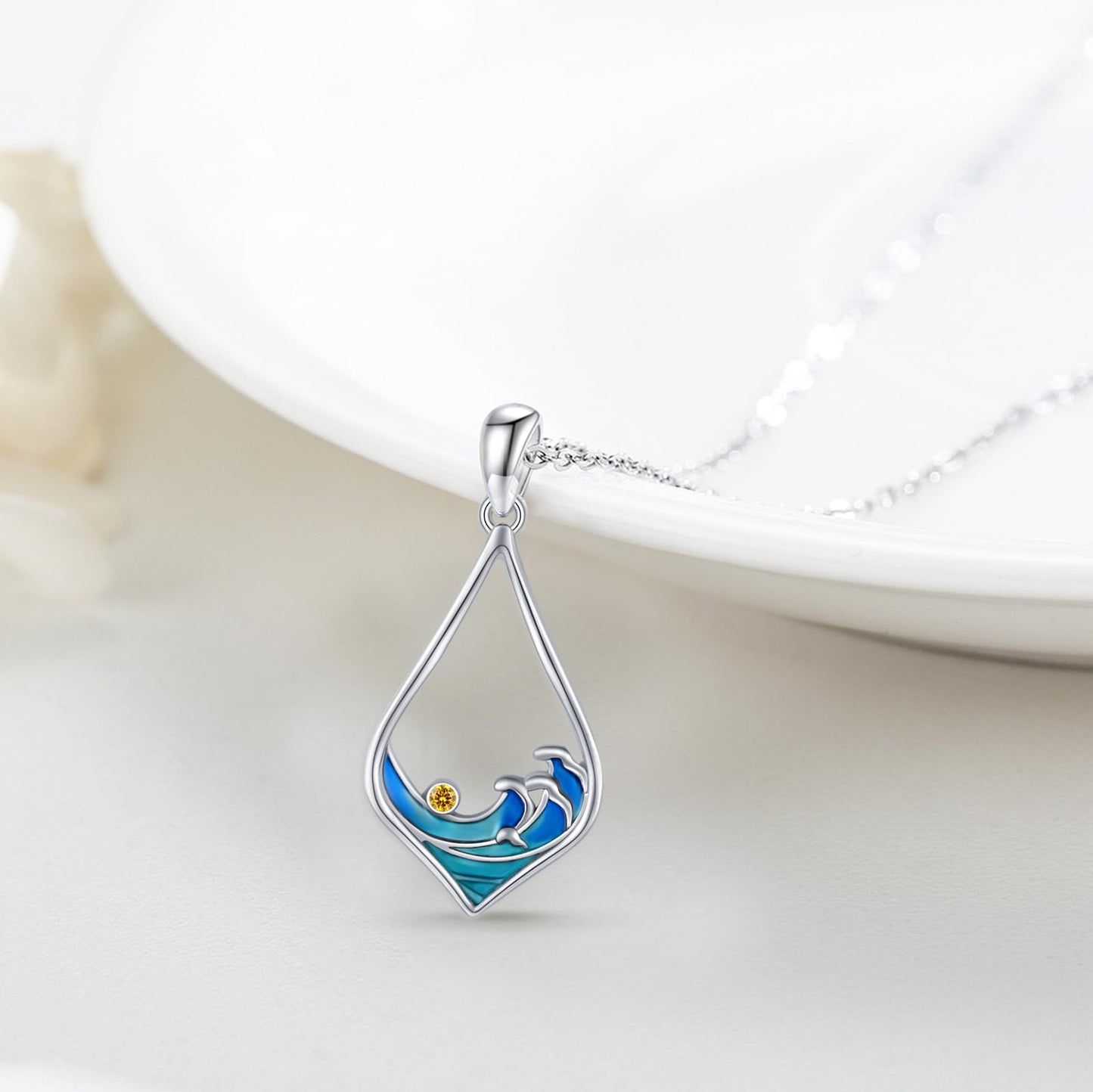 Twoowl Ocean Wave Necklace 925 Sterling Silver Beach Pendant Necklace Beach Jewelry Gifts for Women