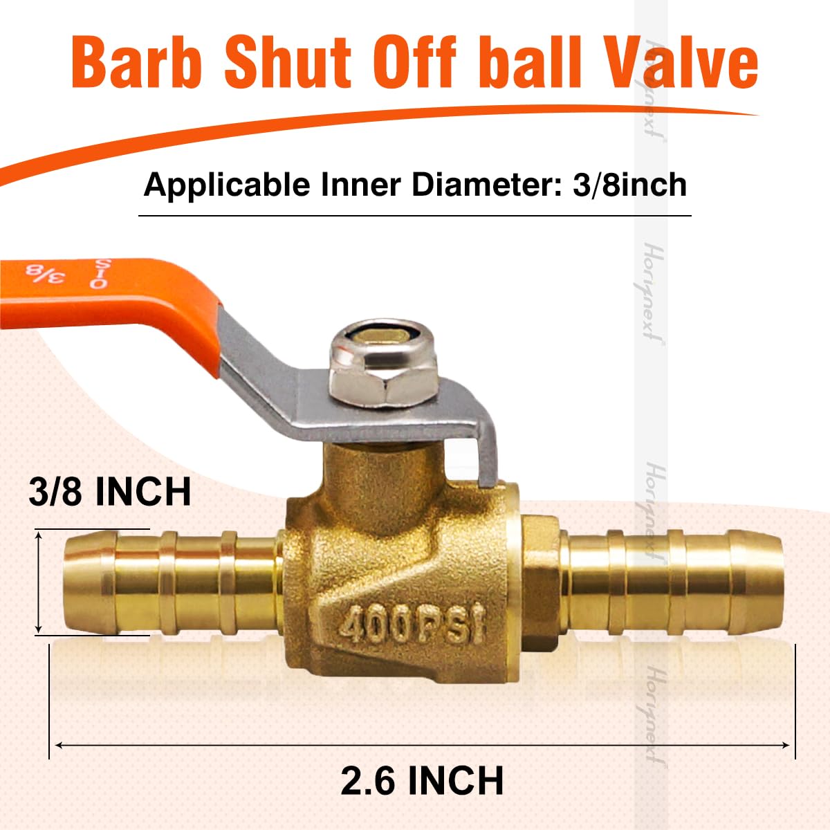 Horiznext 3/8 inch mini 2 way brass barb air ball valve for water gas fuel shut cut off 10mm pex tubing, (4 pcs in pack)