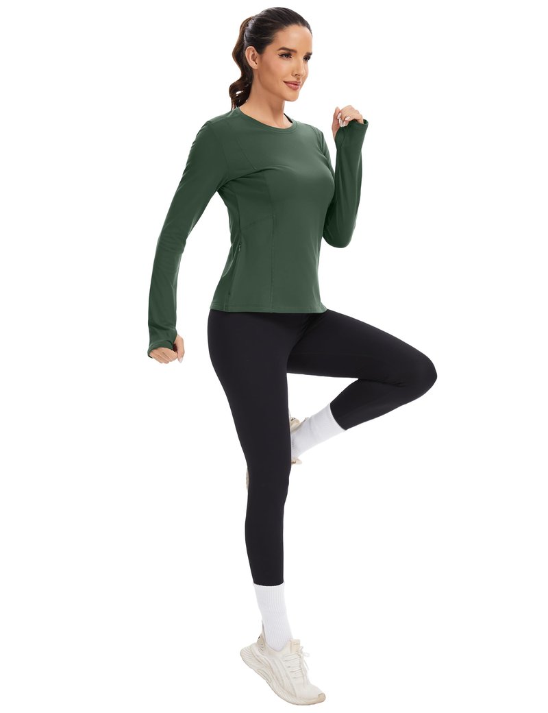 MathCat Thermal Shirts for Women Fleece Lined Long Sleeve Thermal Tops Base Layer Cold Weather Winter Gear Running Athletic Workout Underwear Zipper Pocket Grey Green