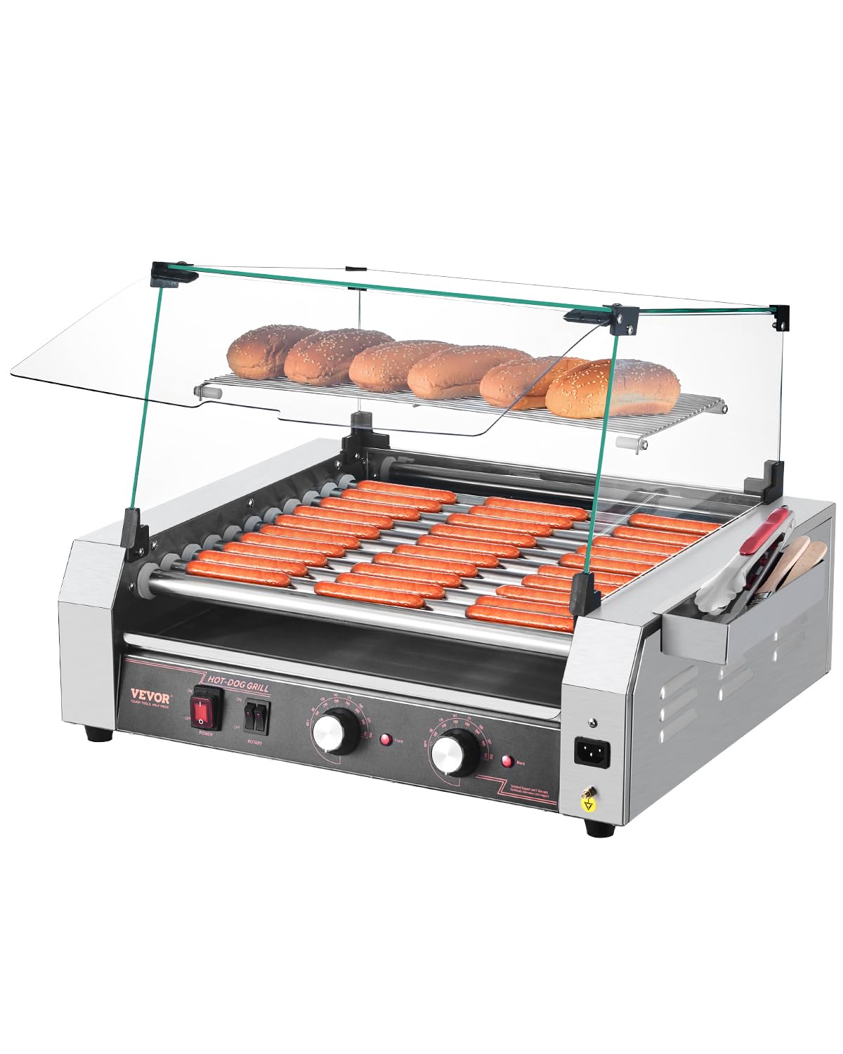 VEVOR Hot Dog Roller, 30 Hot Dog 11 Rollers, Stainless Steel Sausage Grill Cooker, 1600W Commercial Hot Dog Machine with Dual Temp Control, Cover, Side Storage Box, Removable Shelf & Oil Drip Tray