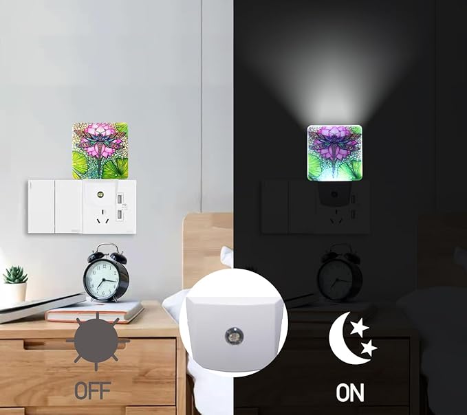 Dragonfly And lotus flower Plug-in LED Night Light,Smart Auto Dusk to Dawn Sensor Nightlights Plug into Wall,White Energy Efficient Night light for Kids Bedroom,Bathroom,Kitchen,Stairs,Hallway
