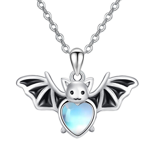 Dreamboat Bat Pendant Necklace for Women 925 Sterling Silver Moonstone Bat Animal Jewelry Halloween Birthday Gifts
