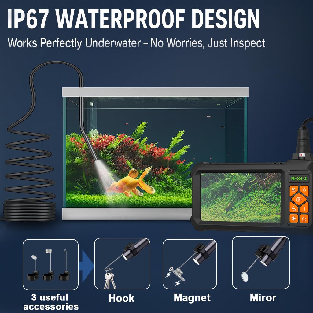 49.2 Feet Inspection Endoscope Camera with Light, 1080P HD Borescope Camera with Light, 4.3" IPS Screen, IP67 Waterproof Sewer Borescope, 49.2Ft Semi-Rigid Cord Drain Pipe Endoscope Cool Gadgets Tool