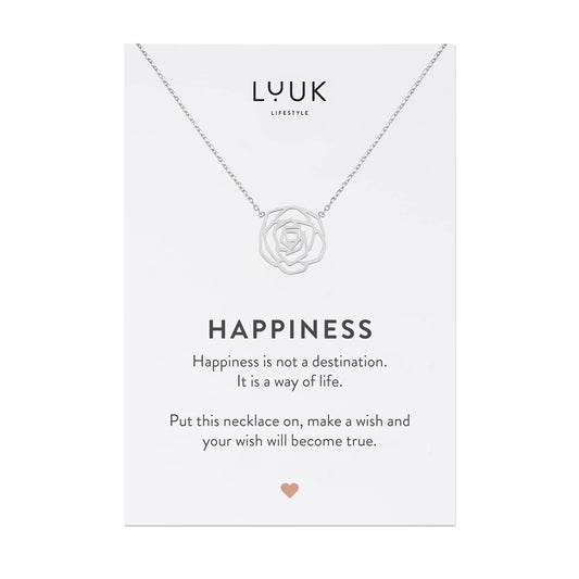 LUUK LIFESTYLE Feminine necklace in quality stainless steel with Rose flower pendant and HAPPINESS gift card, jewelry for women, floral motifs, waterproof and skin-friendly, fine design, silver