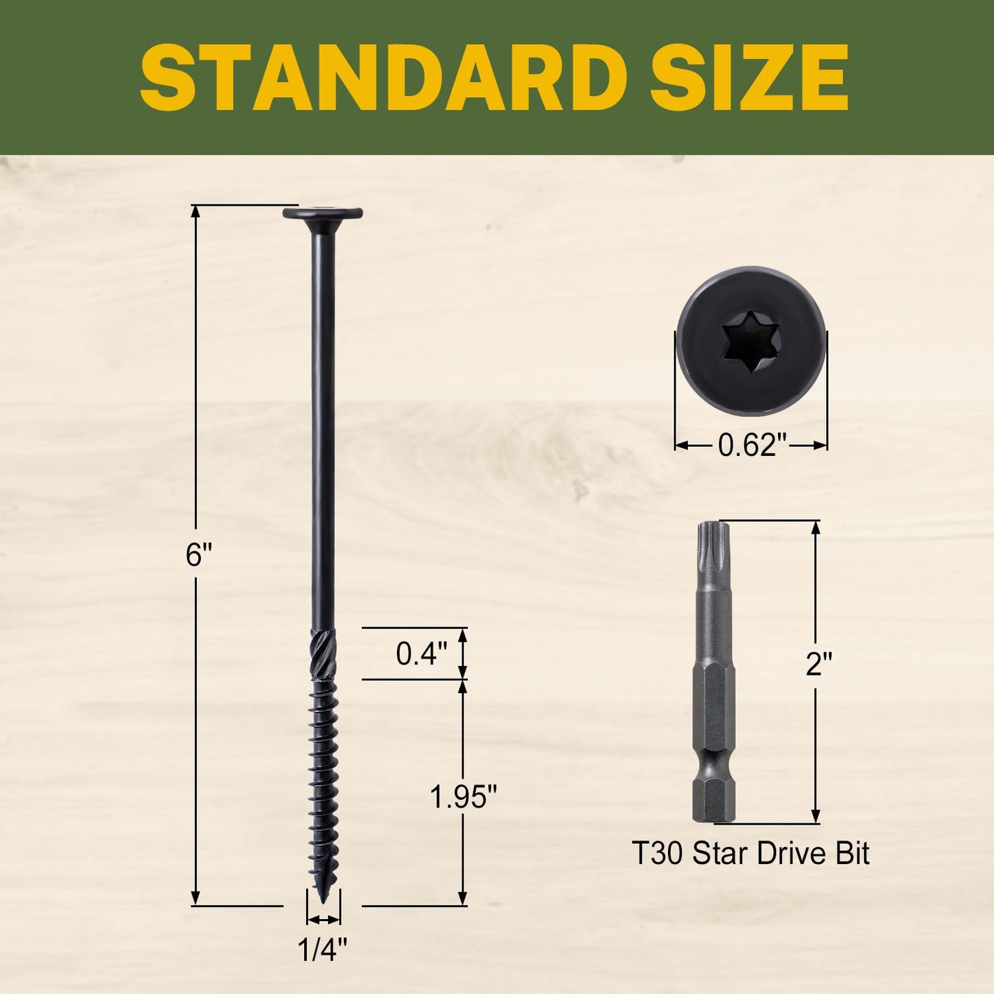 LIONMAX Structural Wood Lag Screws #14 x 6 Inch, 100-PCS, Heavy Duty Exterior Construction Screw, Rust Resistant Coated for Deck/Timber/Landscape, Flat Head Star Drive, T30 Bit Included, Black